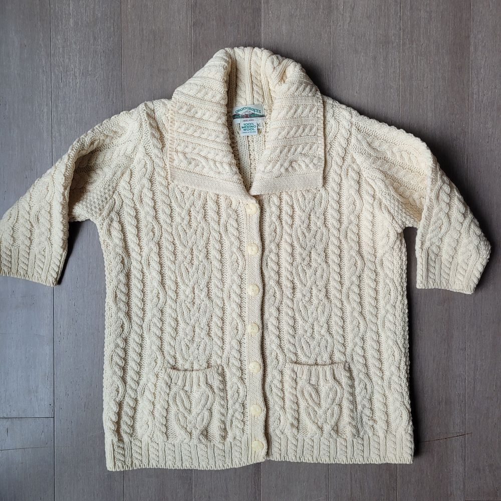 Aran Crafts Ireland Cream Cable Knit Button Up 3/4 Length Sleeve Chunky Cardigan